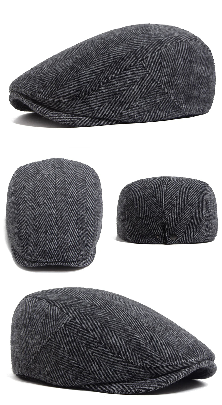 Fiskebeinsmønstret Newsboy Flatcap med Knappedetalj