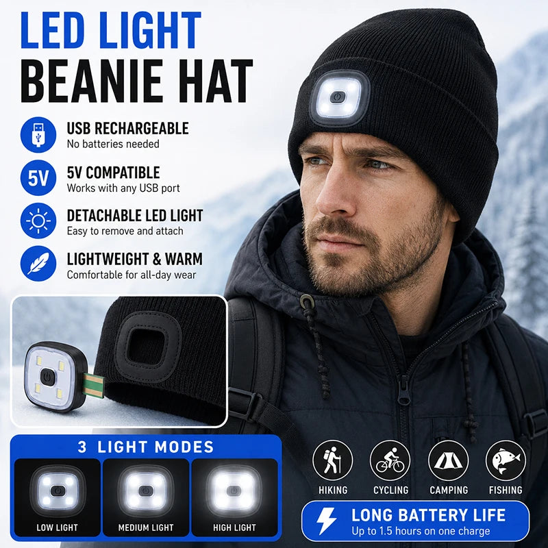 Strikkelue med Oppladbart LED-lys