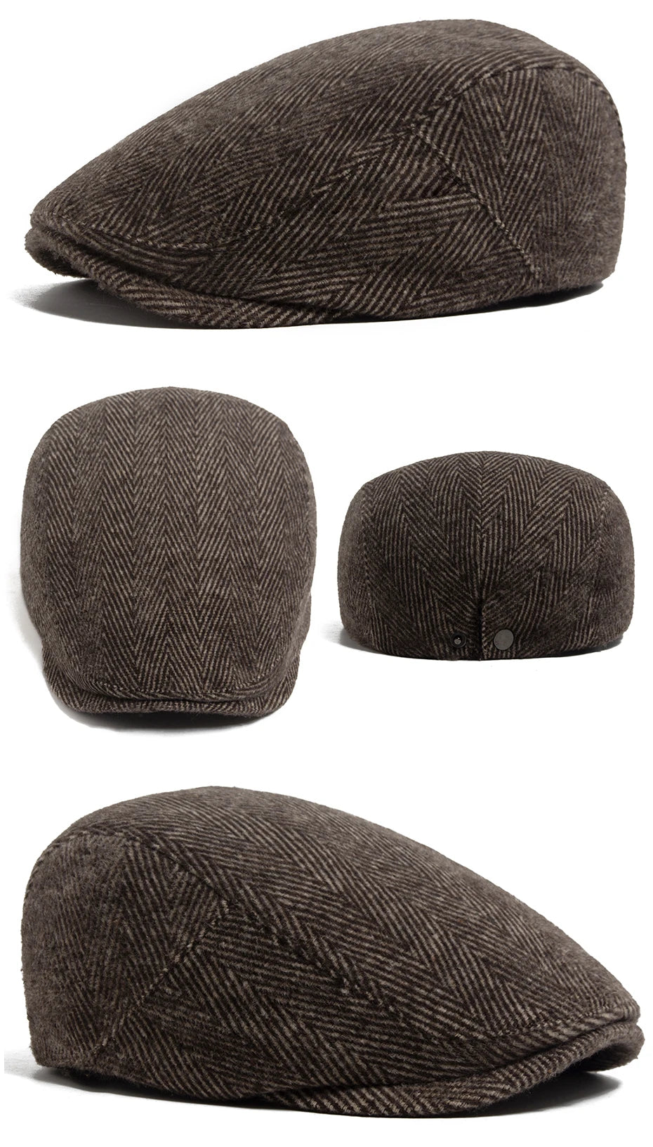 Fiskebeinsmønstret Newsboy Flatcap med Knappedetalj