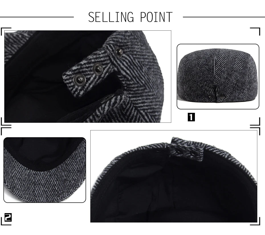 Fiskebeinsmønstret Newsboy Flatcap med Knappedetalj