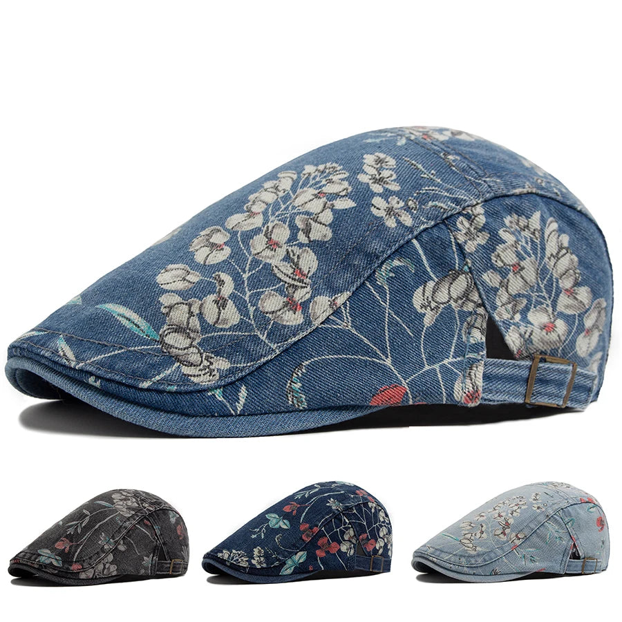 Mønstret Denim Newsboy Flatcap