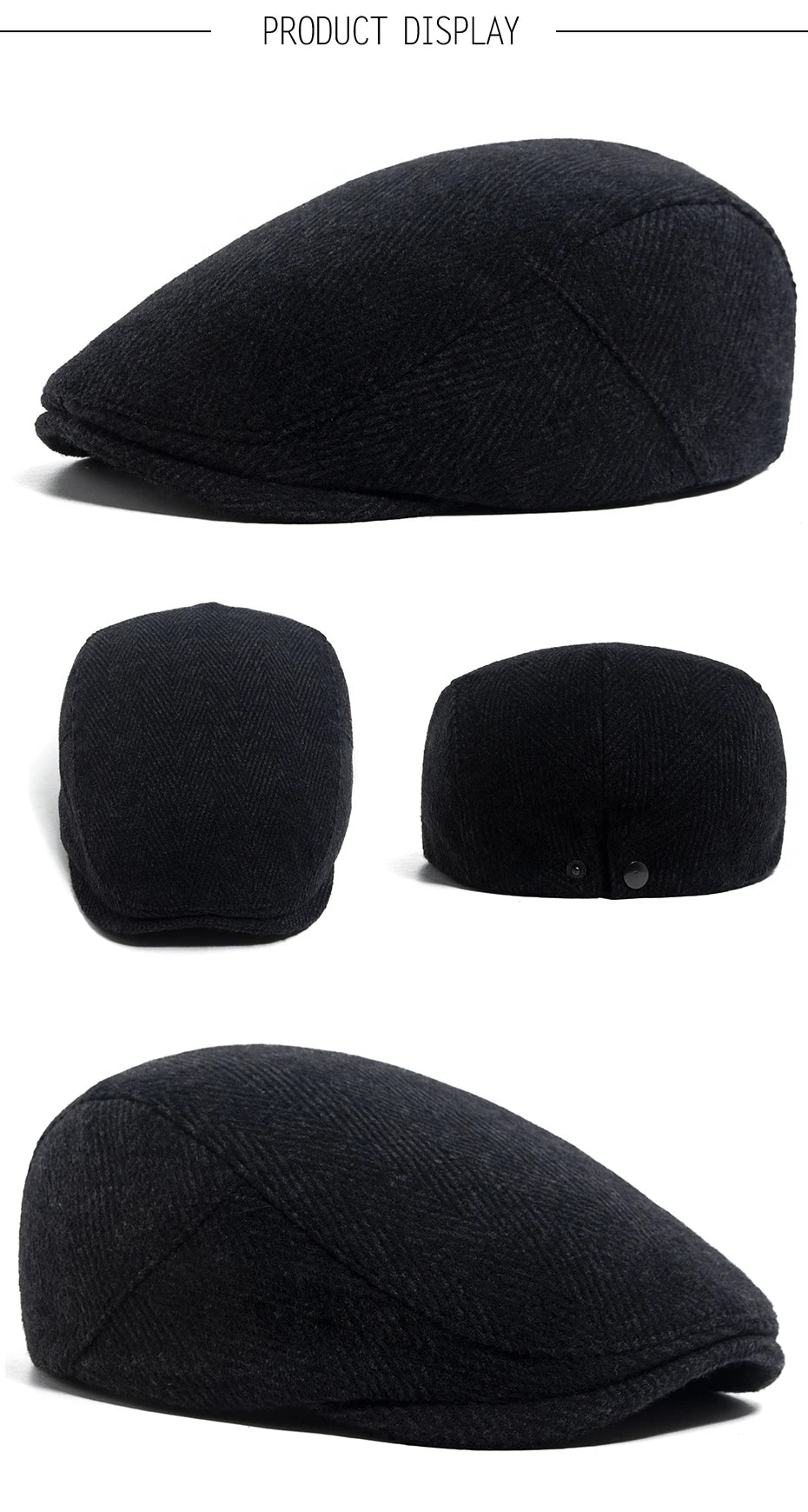 Fiskebeinsmønstret Newsboy Flatcap med Knappedetalj